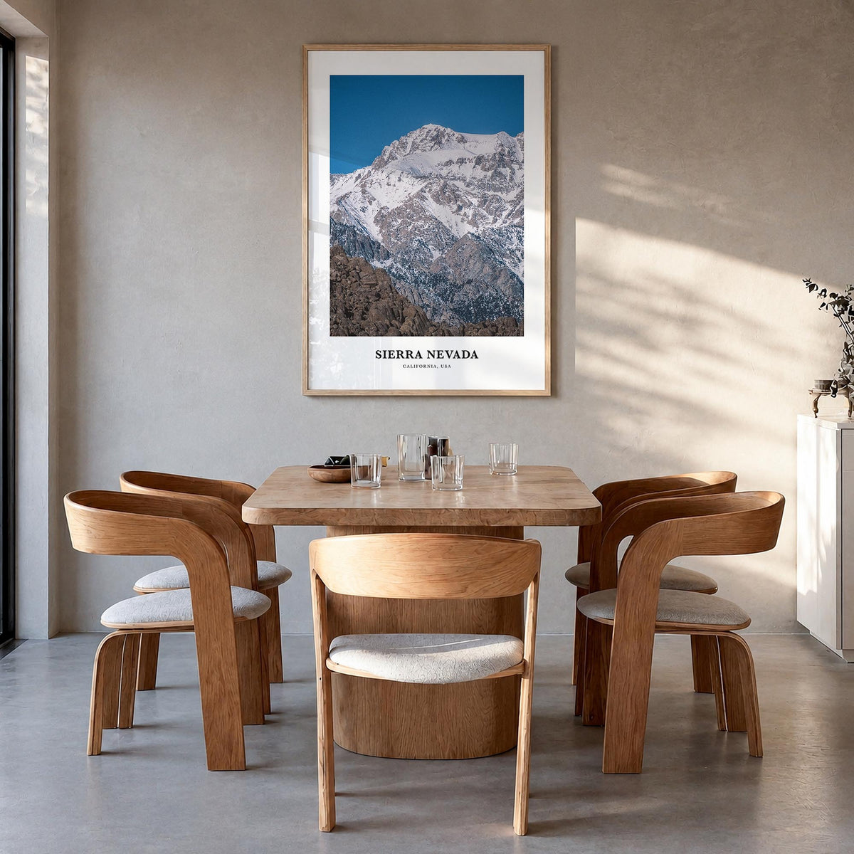 Sierra Nevada colorful classic poster of California & Nevada, USA – vertical wall art in natural wood frame, hanging on wall