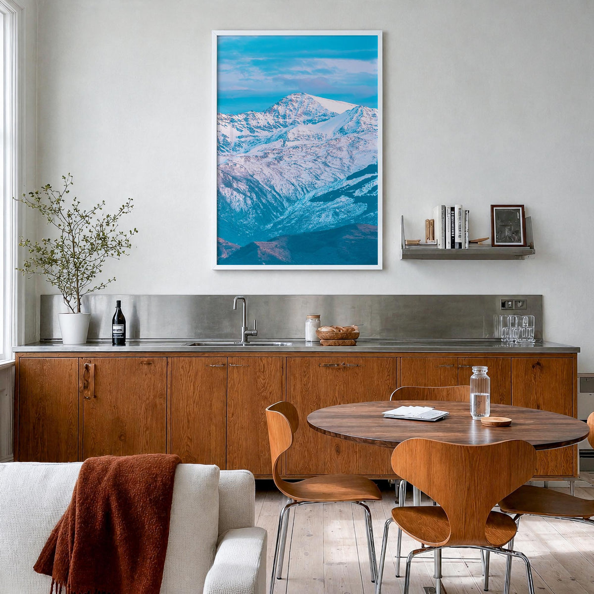 Sierra Nevada colorful photo poster of California & Nevada, USA – vertical wall art in white wood frame, hanging on wall