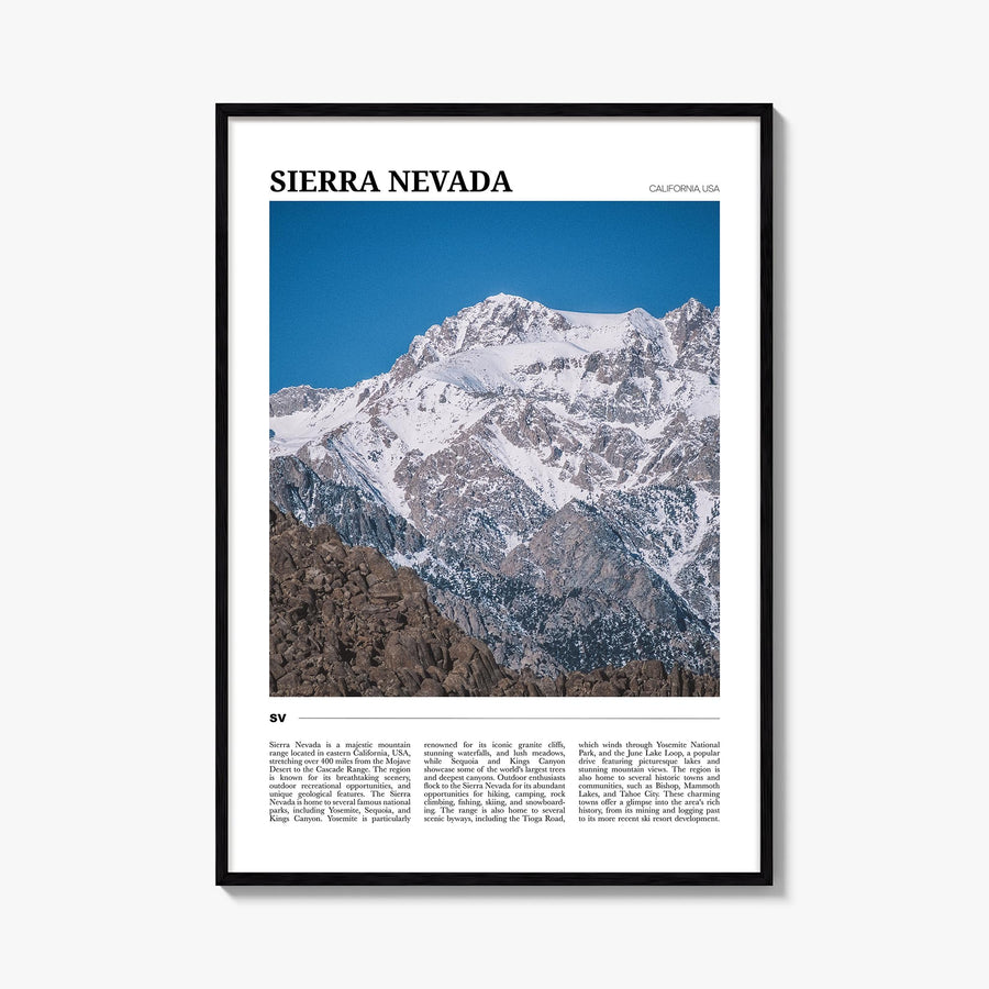 Sierra Nevada colorful travel poster of California & Nevada, USA – vertical wall art, unframed print shown in interior mockup