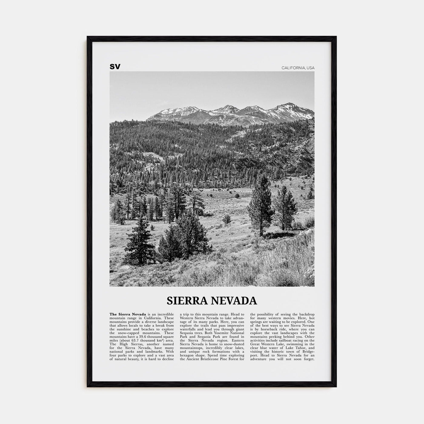 Sierra Nevada Poster Black Wood / 8x12 in Nbourhood Travel B&W Poster