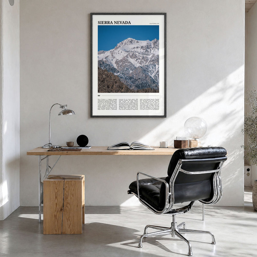 Sierra Nevada Travel Poster in a black wood frame, hanging in a bright home office