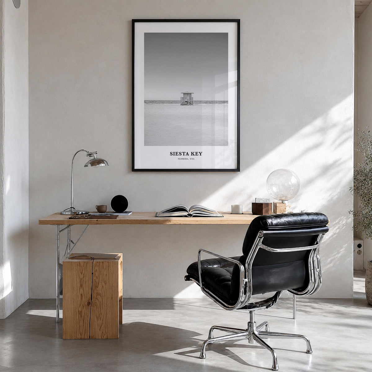 Siesta Key black & white classic poster of Florida, USA – vertical wall art in black wood frame, hanging on wall