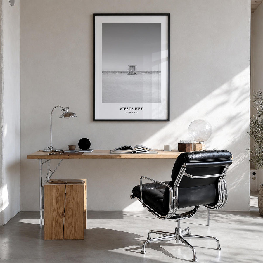 Siesta Key black & white classic poster of Florida, USA – vertical wall art in black wood frame, hanging on wall