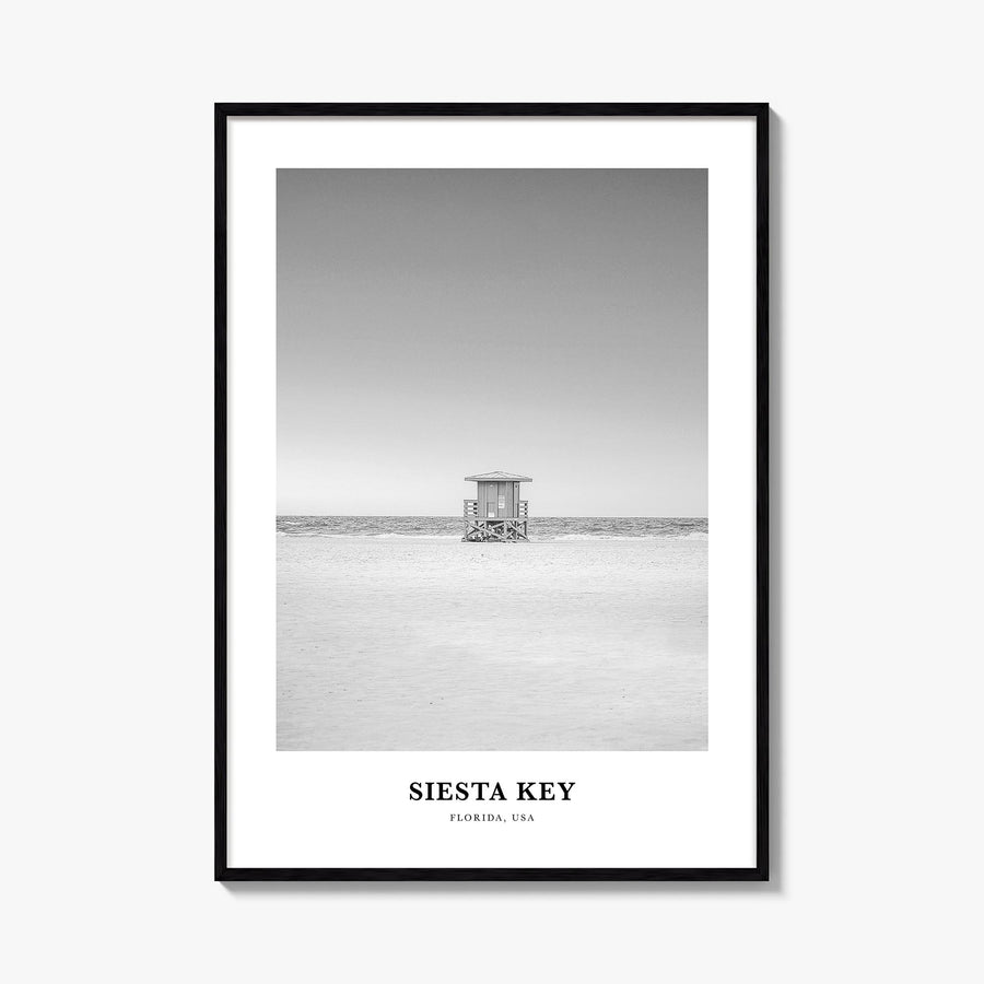 Siesta Key black & white classic poster of Florida, USA – vertical wall art, unframed print shown in interior mockup