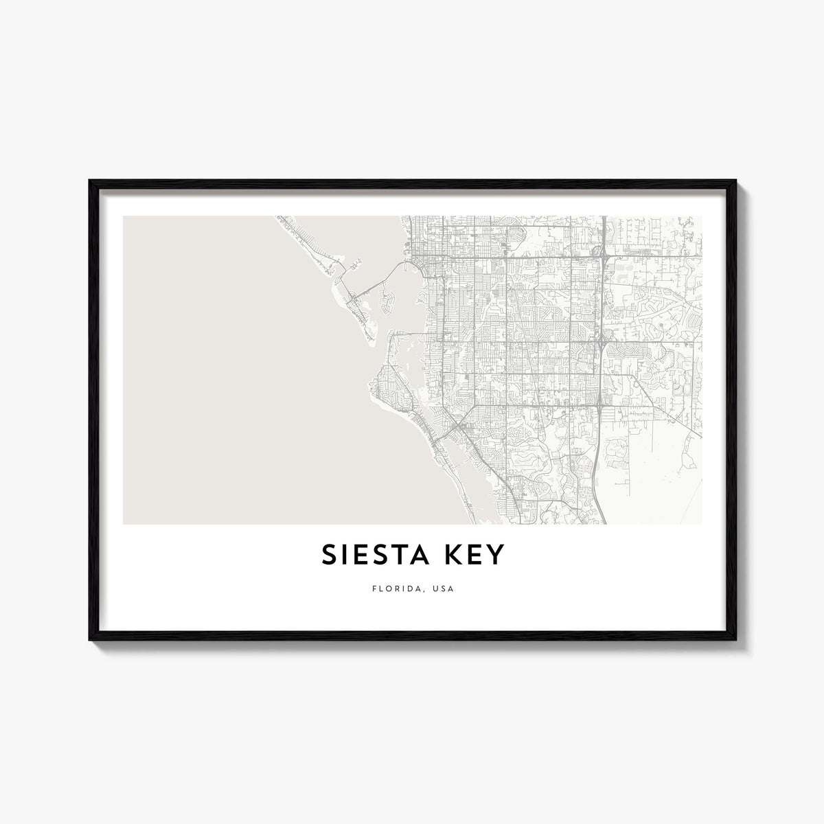 Siesta Key black & white map poster of Florida, USA – horizontal wall art, unframed print shown in interior mockup