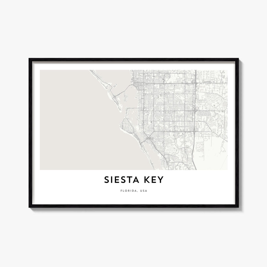 Siesta Key black & white map poster of Florida, USA – horizontal wall art, unframed print shown in interior mockup