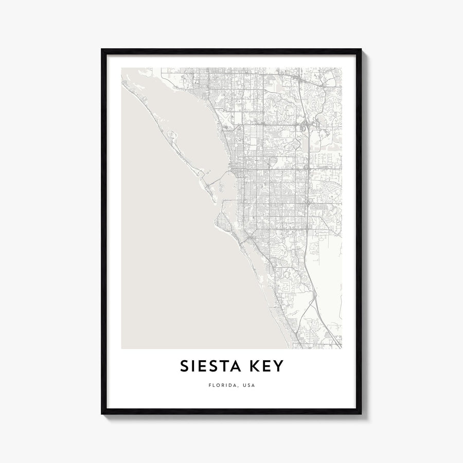 Siesta Key black & white map poster of Florida, USA – vertical wall art, unframed print shown in interior mockup