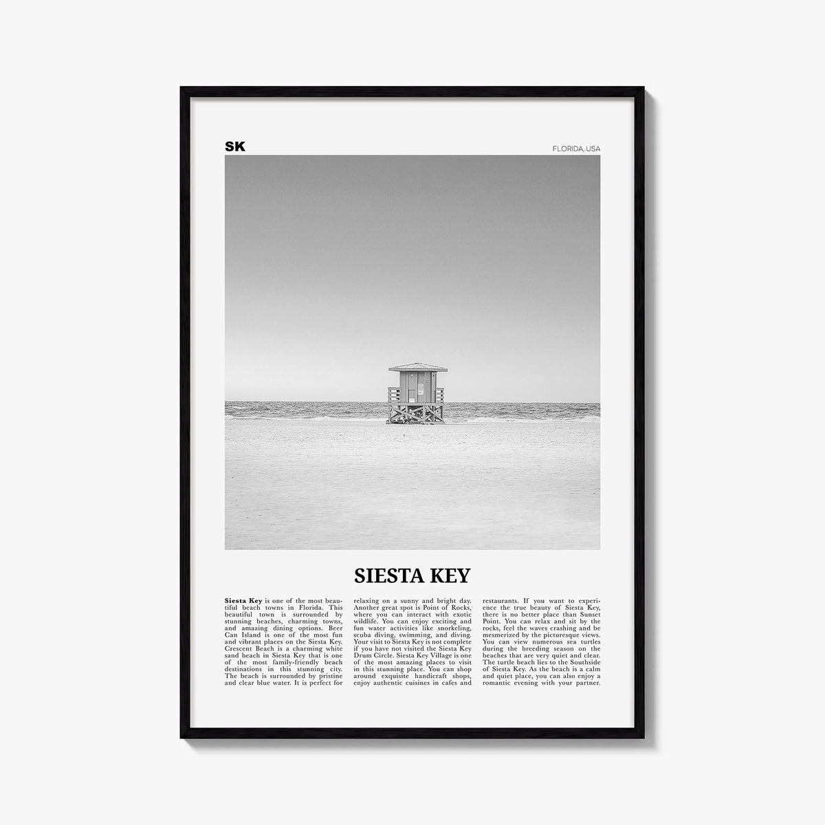 Siesta Key black & white newspaper poster of Florida, USA – vertical wall art, unframed print shown in interior mockup