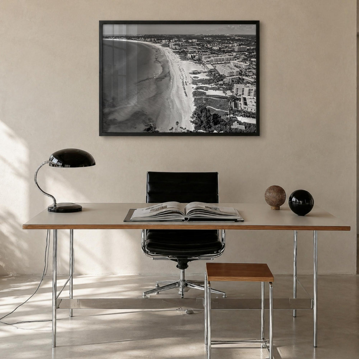 Siesta Key black & white photo poster of Florida, USA – horizontal wall art in black wood frame, hanging on wall