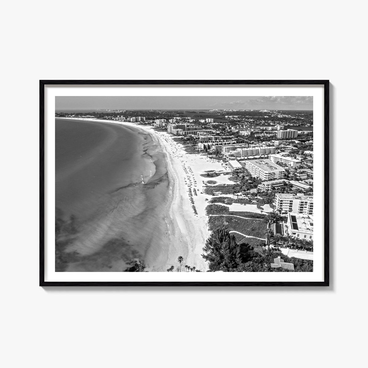 Siesta Key black & white photo poster of Florida, USA – horizontal wall art, unframed print shown in interior mockup