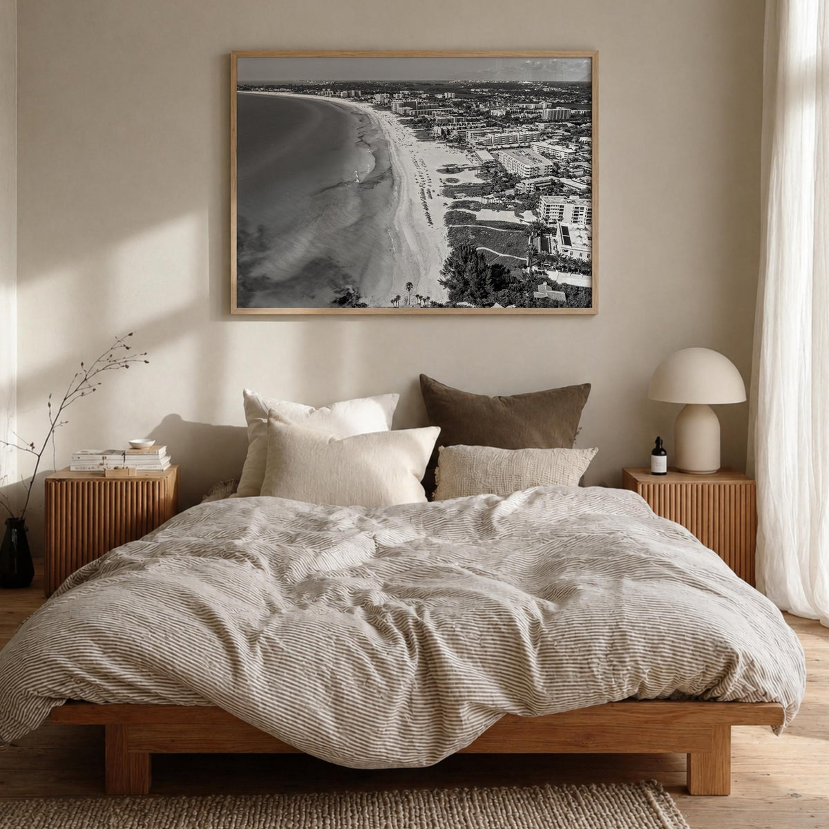 Siesta Key black & white photo poster of Florida, USA – horizontal wall art in natural wood frame, hanging on wall