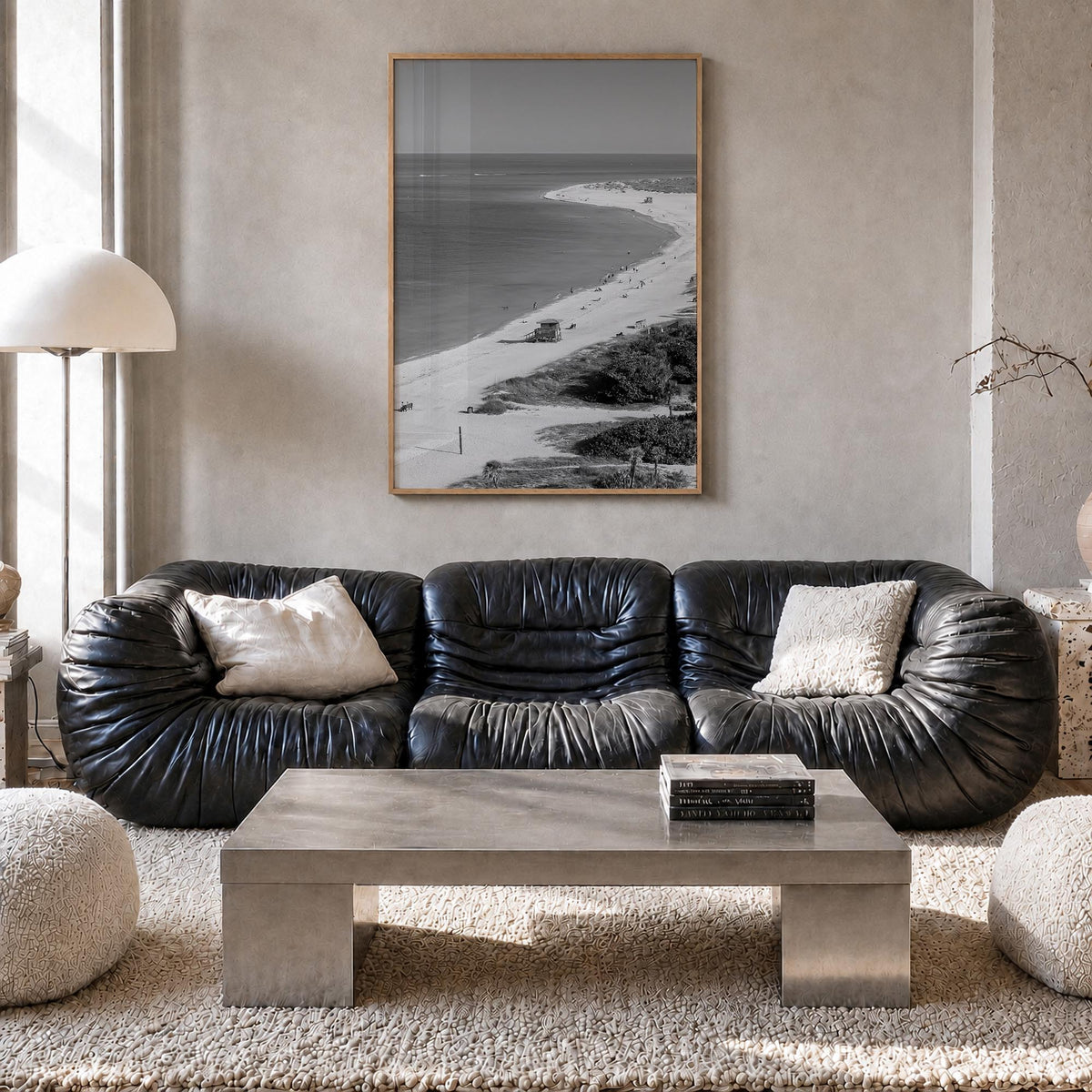 Siesta Key black & white photo poster of Florida, USA – vertical wall art in natural wood frame, hanging on wall