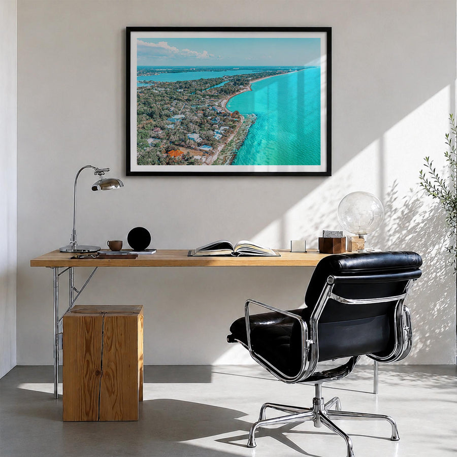 Siesta Key colorful photo poster of Florida, USA – horizontal wall art in black wood frame with white border, hanging on wall