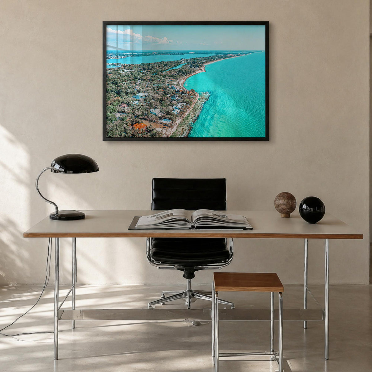 Siesta Key colorful photo poster of Florida, USA – horizontal wall art in black wood frame, hanging on wall