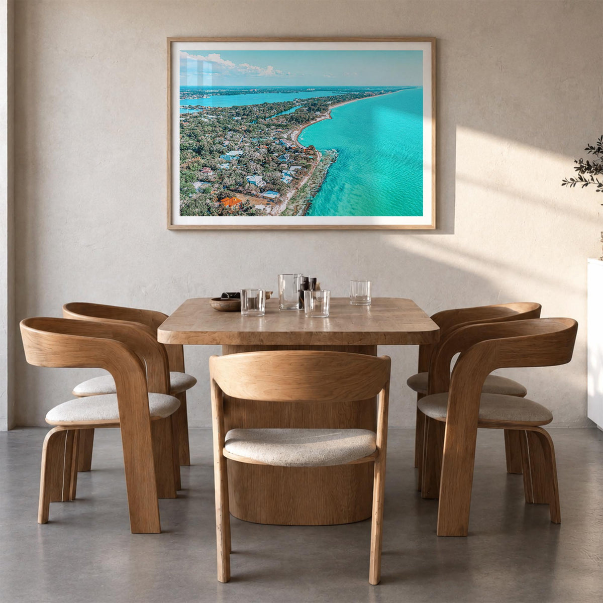 Siesta Key colorful photo poster of Florida, USA – horizontal wall art in natural wood frame with white border, hanging on wa