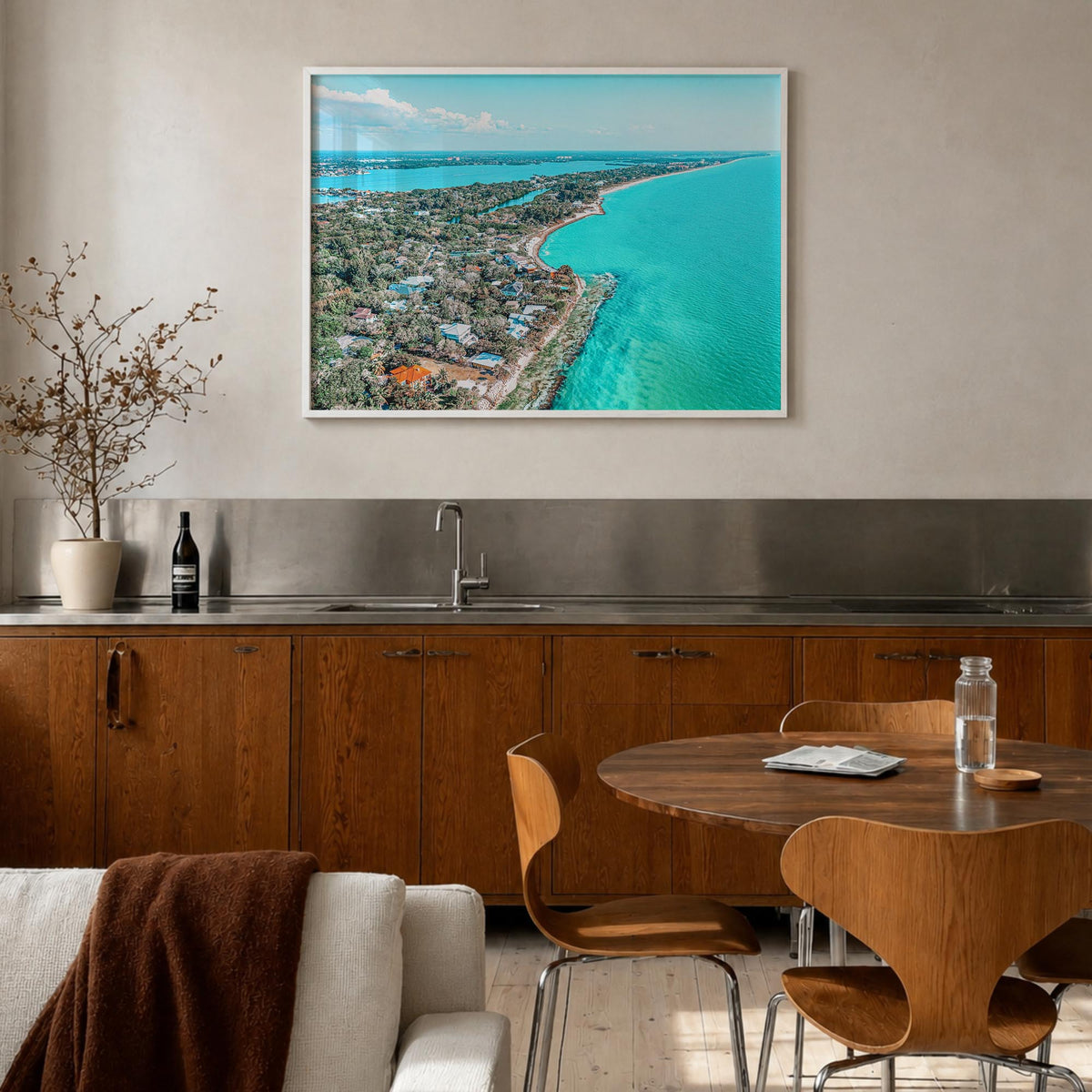 Siesta Key colorful photo poster of Florida, USA – horizontal wall art in white wood frame, hanging on wall
