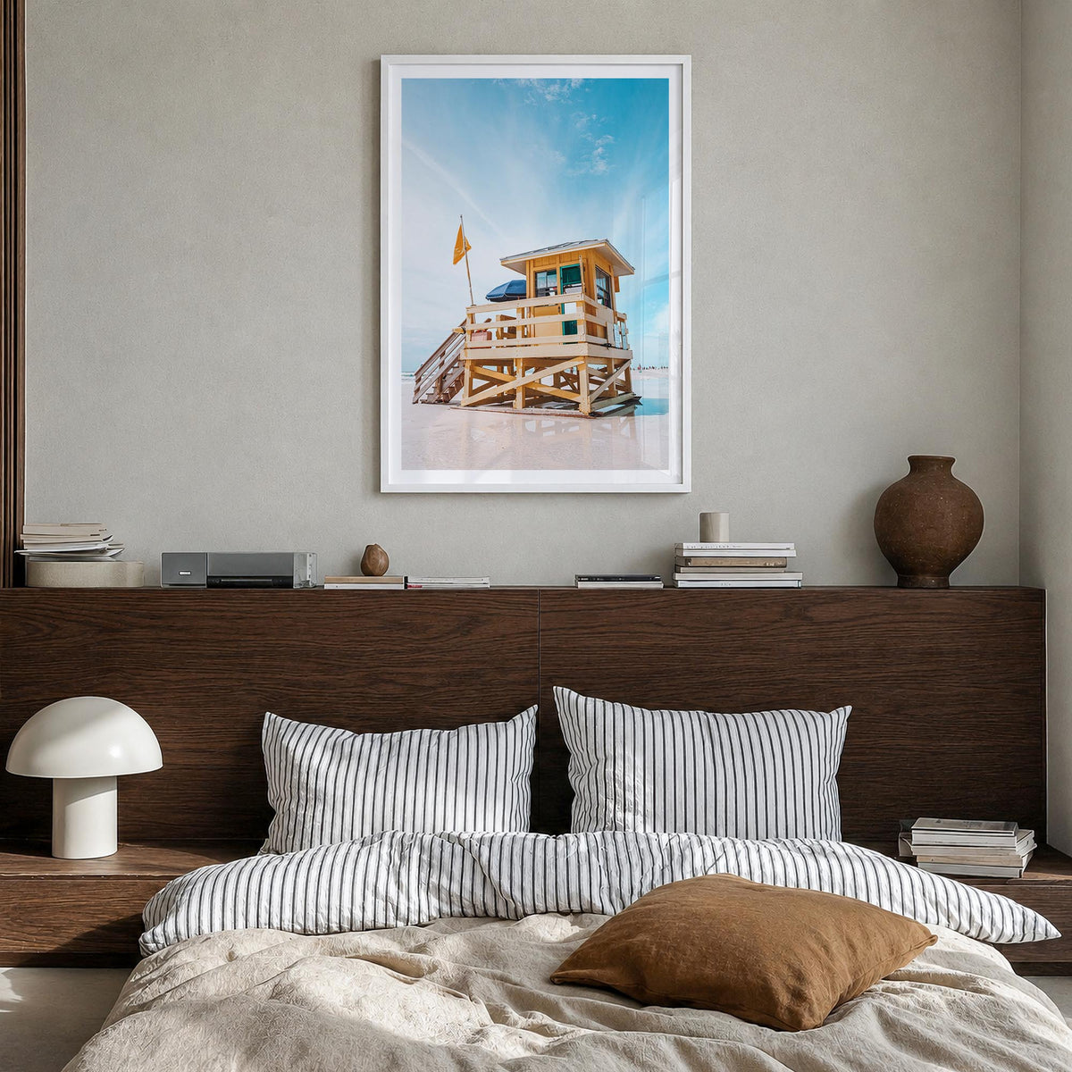 Siesta Key no. 1 colorful photo poster of Florida, USA – vertical wall art in white wood frame with white border, hanging on 