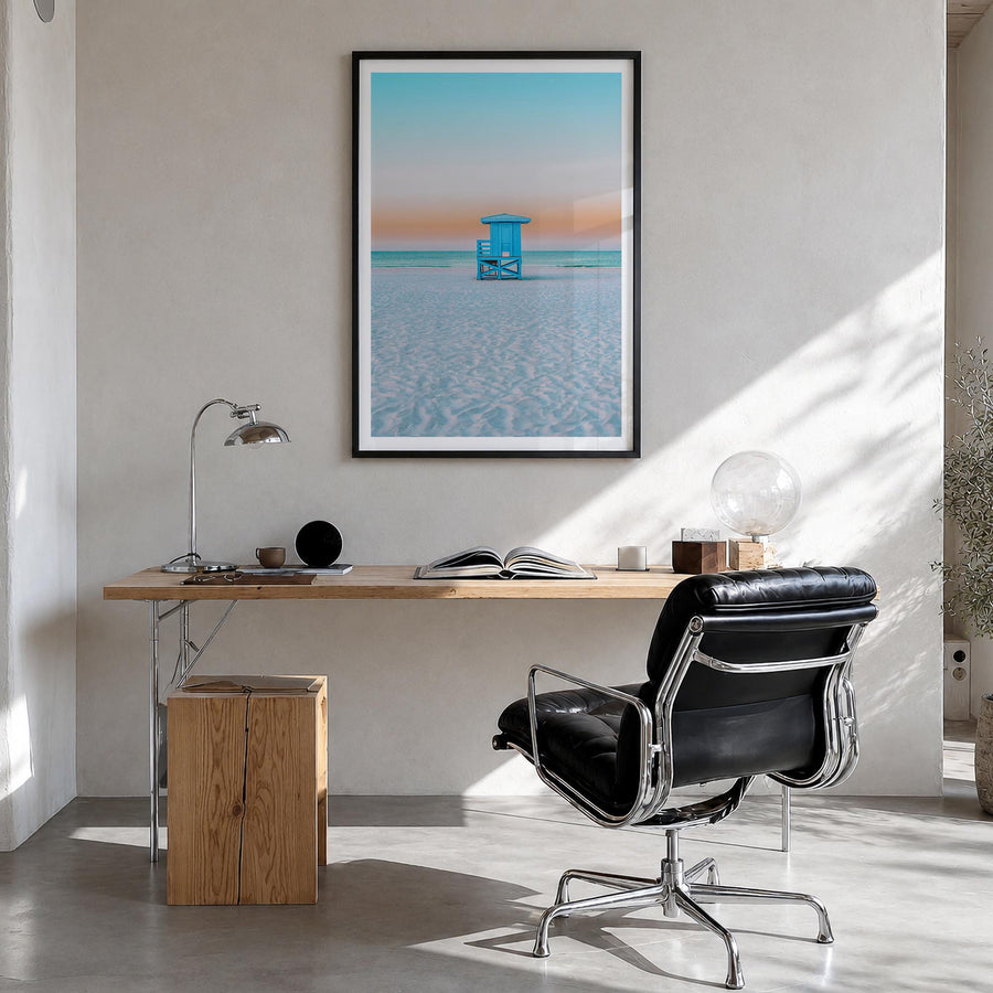 Siesta Key no. 2 colorful photo poster of Florida, USA – vertical wall art in black wood frame with white border, hanging on 