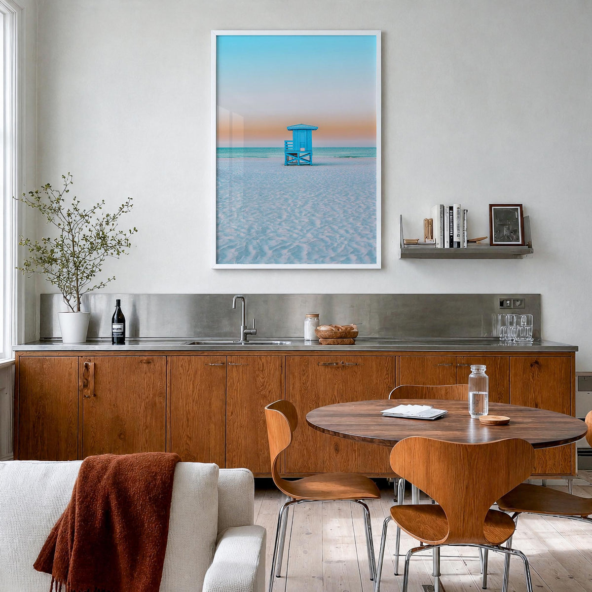 Siesta Key no. 2 colorful photo poster of Florida, USA – vertical wall art in white wood frame, hanging on wall