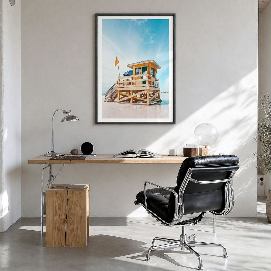 Siesta Key Photo No 1 Poster in a black wood frame, hanging in a bright home office, white border
