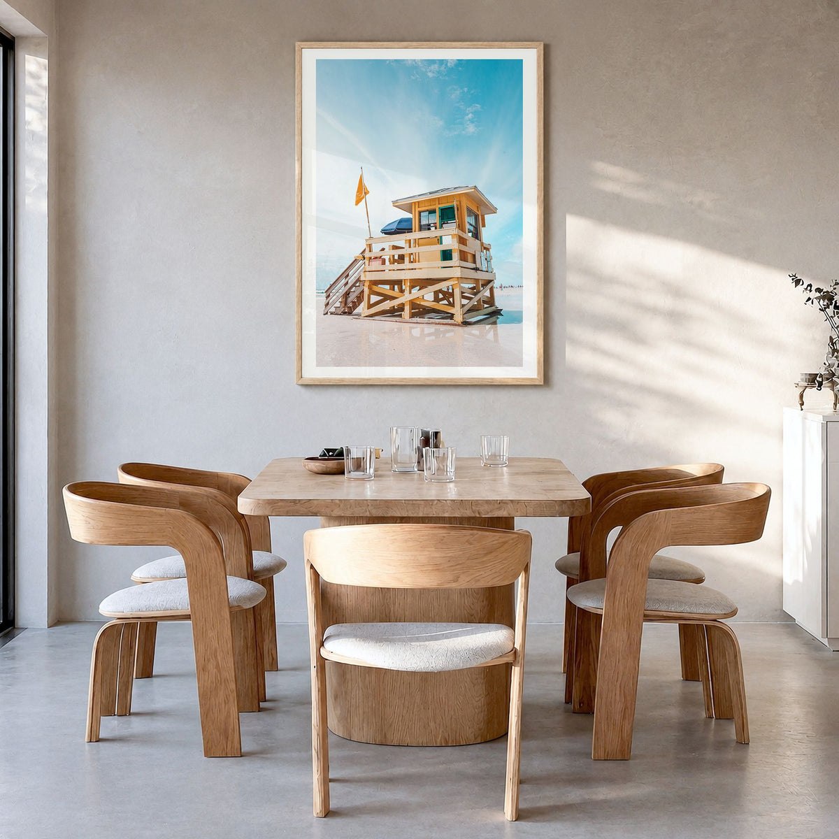 Siesta Key Photo No 1 Poster in a natural wood frame, hanging in a dining room, white border