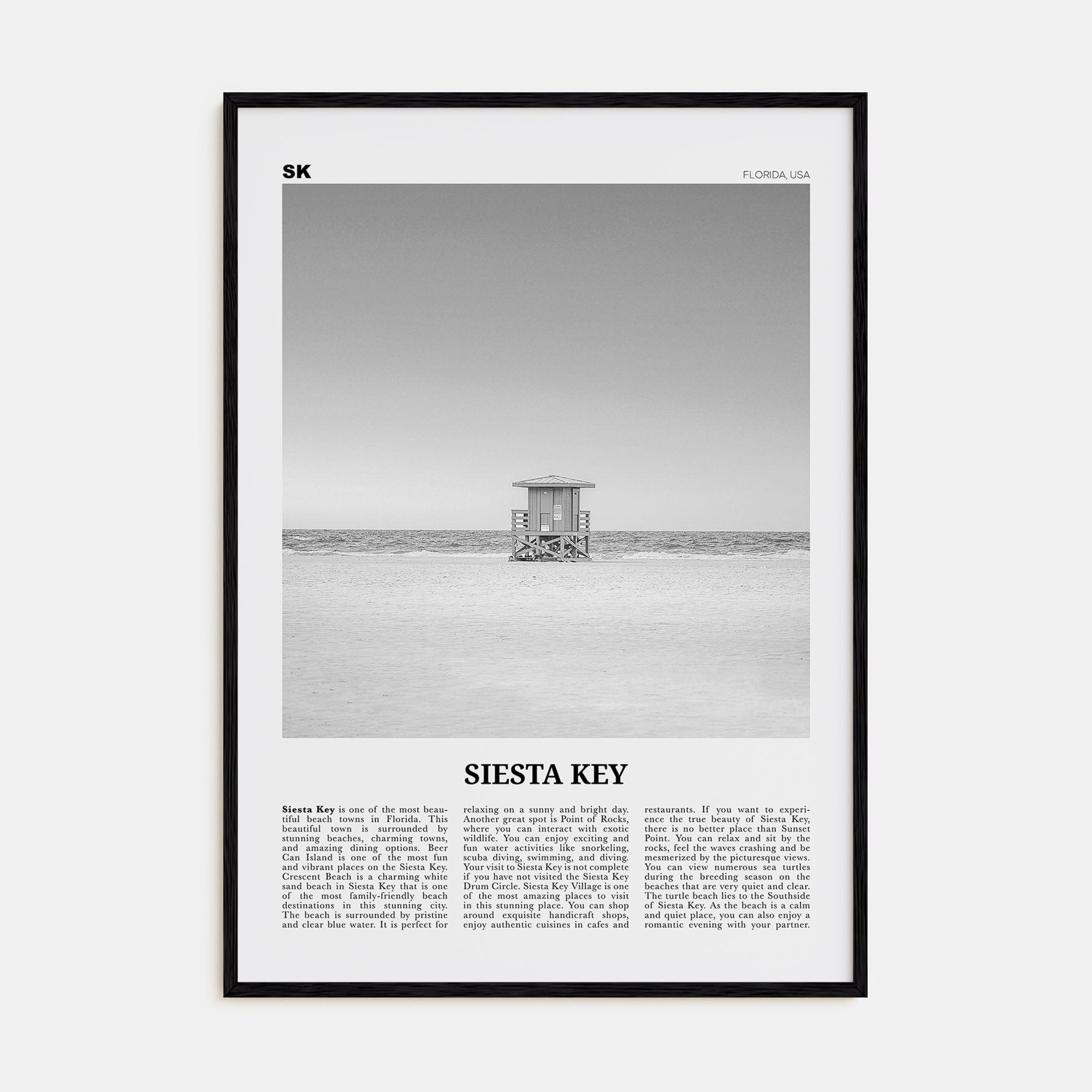 Siesta Key Poster Black Wood / 8x12 in Nbourhood Travel B&W Poster