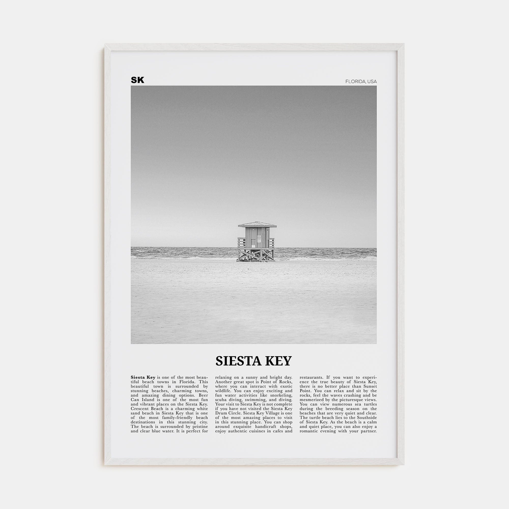 Siesta Key Poster White Wood / 8x12 in Nbourhood Travel B&W Poster