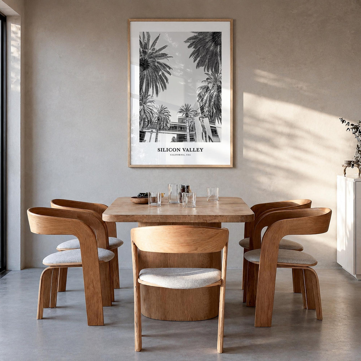 Silicon Valley black & white classic poster of California, USA – vertical wall art in natural wood frame, hanging on wall