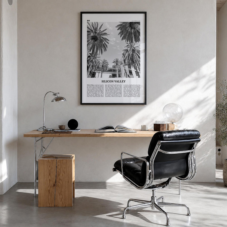 Silicon Valley black & white newspaper poster of California, USA – vertical wall art in black wood frame, hanging on wall