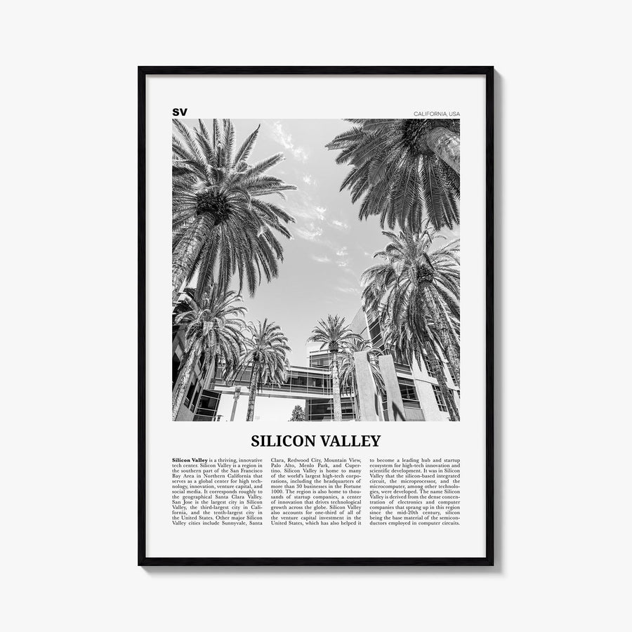 Silicon Valley black & white newspaper poster of California, USA – vertical wall art, unframed print shown in interior mockup