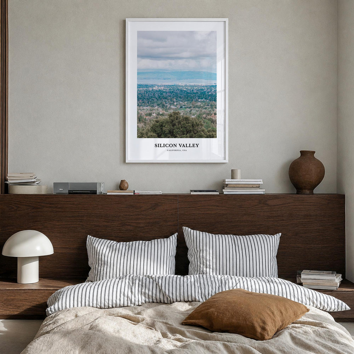 Silicon Valley no. 1 colorful classic poster of California, USA – vertical wall art in white wood frame, hanging on wall