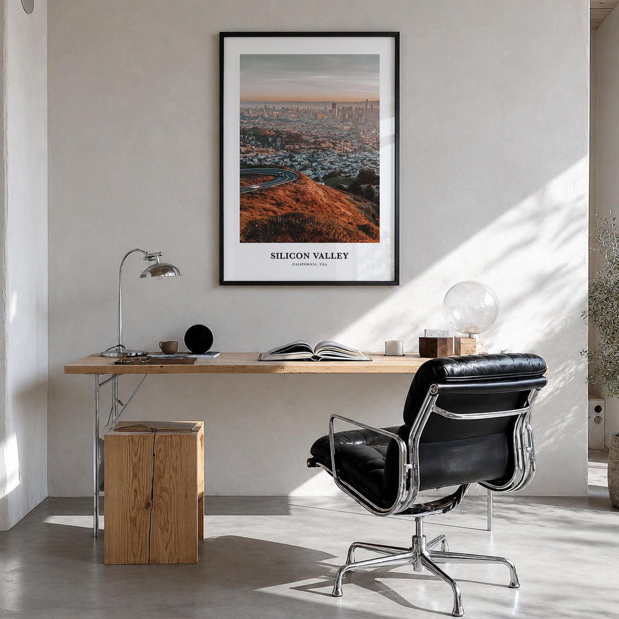 Silicon Valley no. 3 colorful classic poster of California, USA – vertical wall art in black wood frame, hanging on wall
