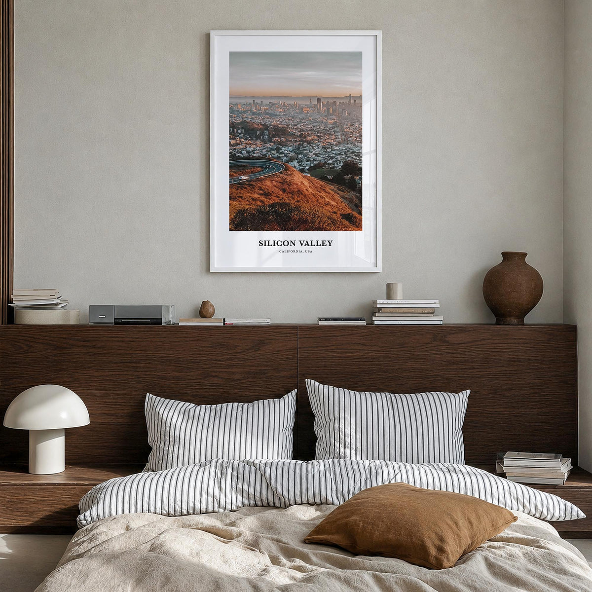 Silicon Valley no. 3 colorful classic poster of California, USA – vertical wall art in white wood frame, hanging on wall