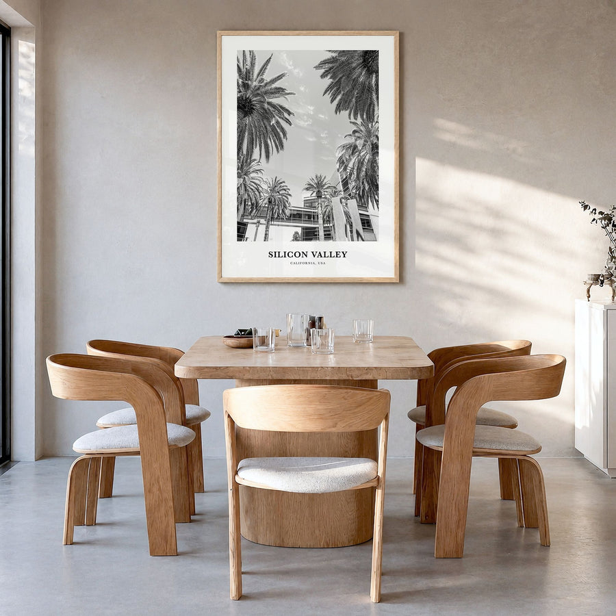Silicon Valley Classic Poster in a natural wood frame, hanging in a dining room
