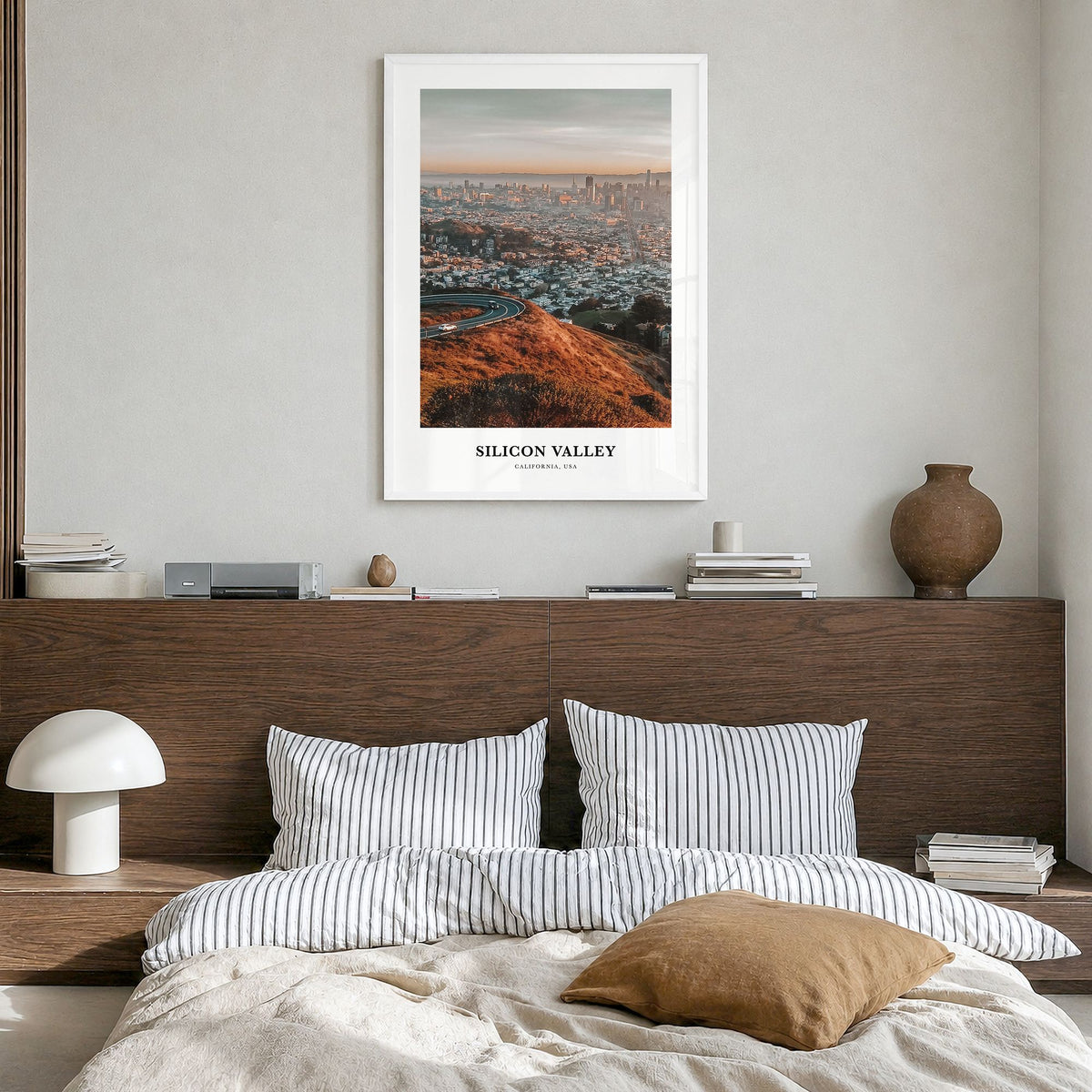 Silicon Valley Classic No 3 Poster in a white wood frame, hanging in a bedroom