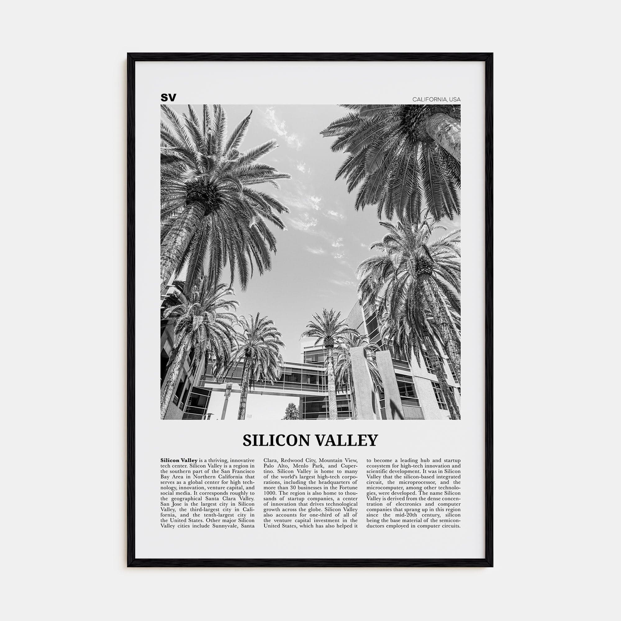 Silicon Valley Poster Black Wood / 8x12 in Nbourhood Travel B&W Poster