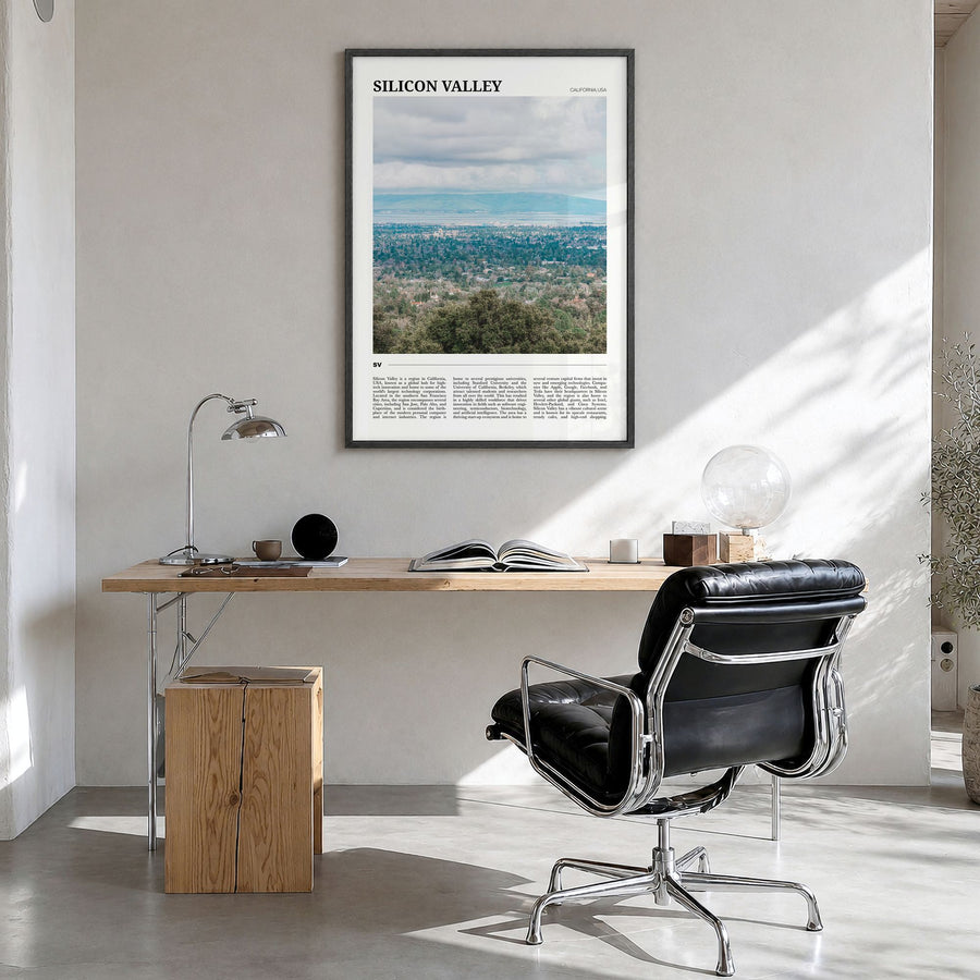 Silicon Valley Travel No 1 Poster in a black wood frame, hanging in a bright home office