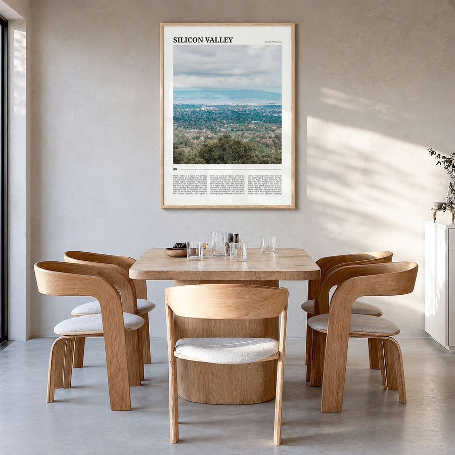 Silicon Valley Travel No 1 Poster in a natural wood frame, hanging in a dining room