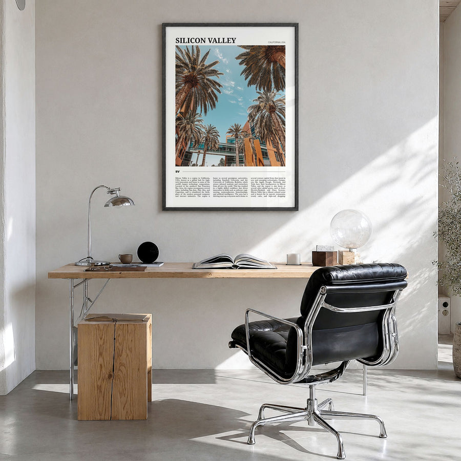 Silicon Valley Travel No 2 Poster in a black wood frame, hanging in a bright home office
