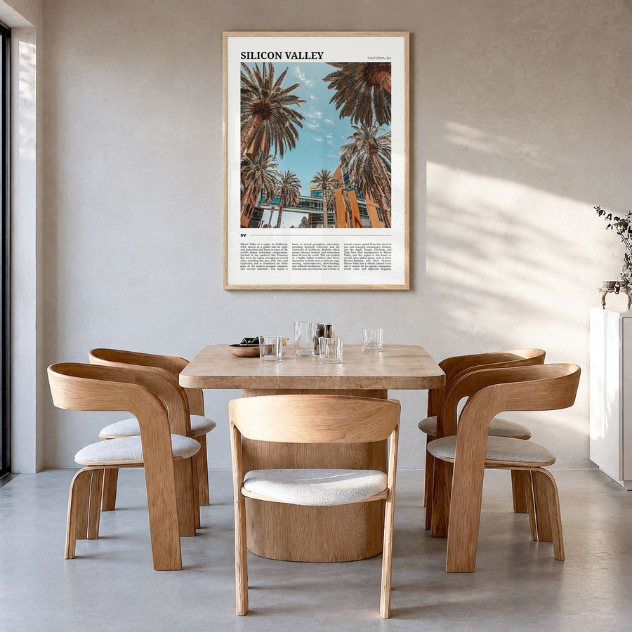 Silicon Valley Travel No 2 Poster in a natural wood frame, hanging in a dining room