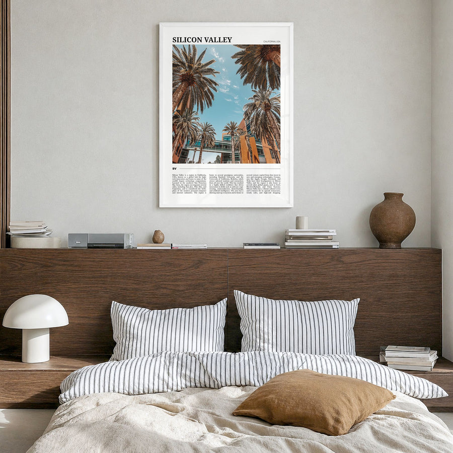 Silicon Valley Travel No 2 Poster in a white wood frame, hanging in a bedroom