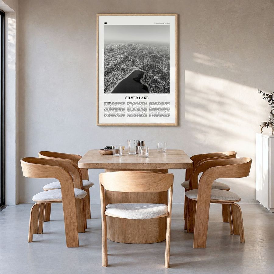 Silver Lake, Los Angeles Newspaper Poster in a natural wood frame, hanging in a dining room
