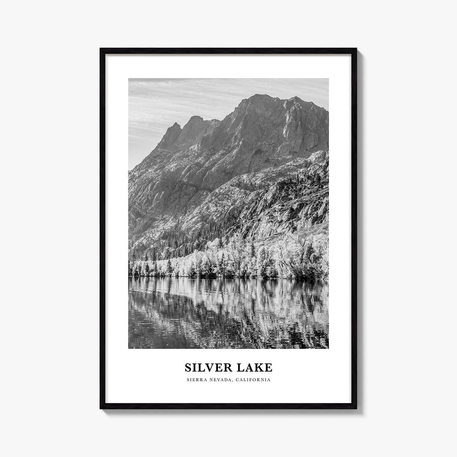 Silver Lake, Sierra Nevada black & white classic poster of California, USA – vertical wall art, unframed print shown in inter