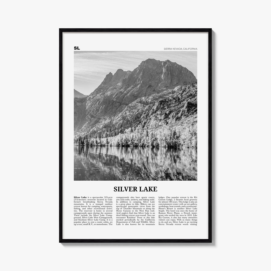 Silver Lake, Sierra Nevada black & white newspaper poster of California, USA – vertical wall art, unframed print shown in int