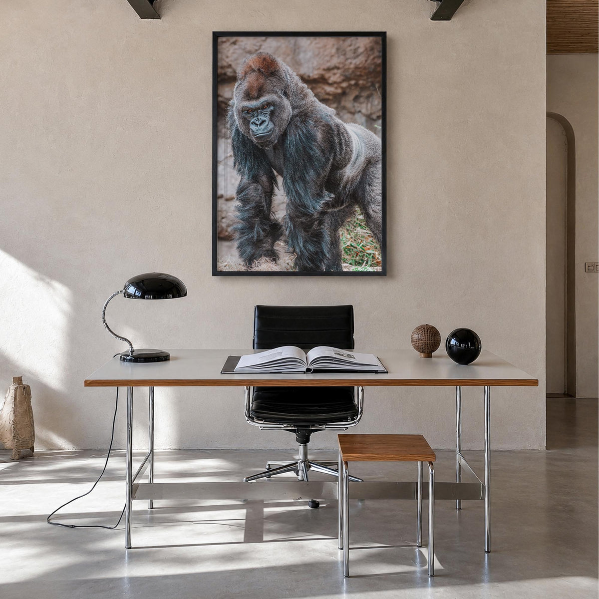Silverback Gorilla colorful photo poster – vertical wall art in black wood frame, hanging on wall