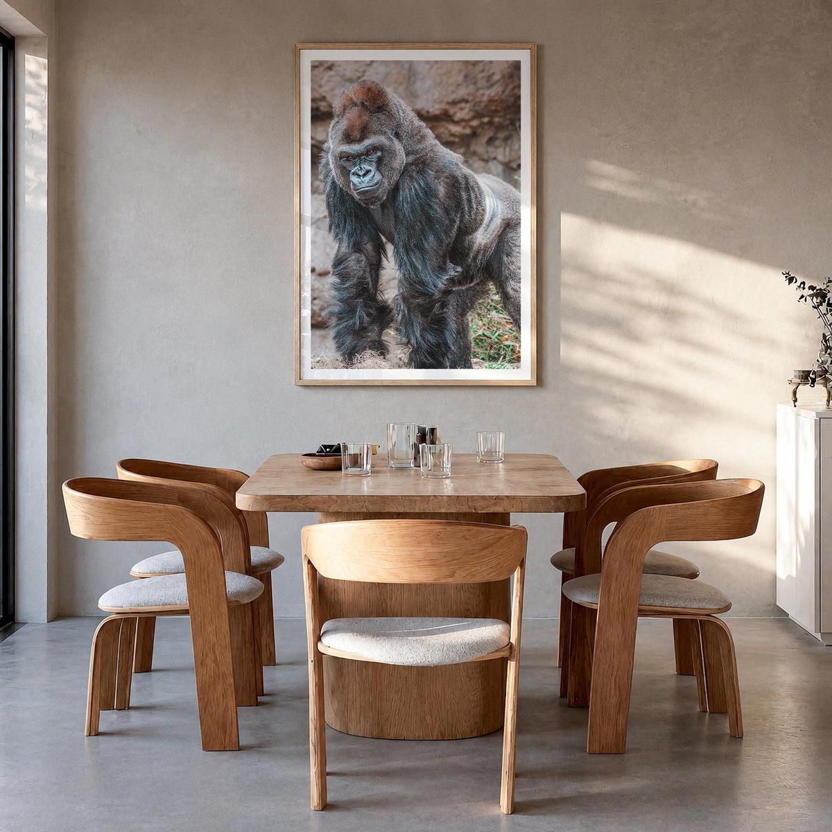 Silverback Gorilla colorful photo poster – vertical wall art in natural wood frame with white border, hanging on wall