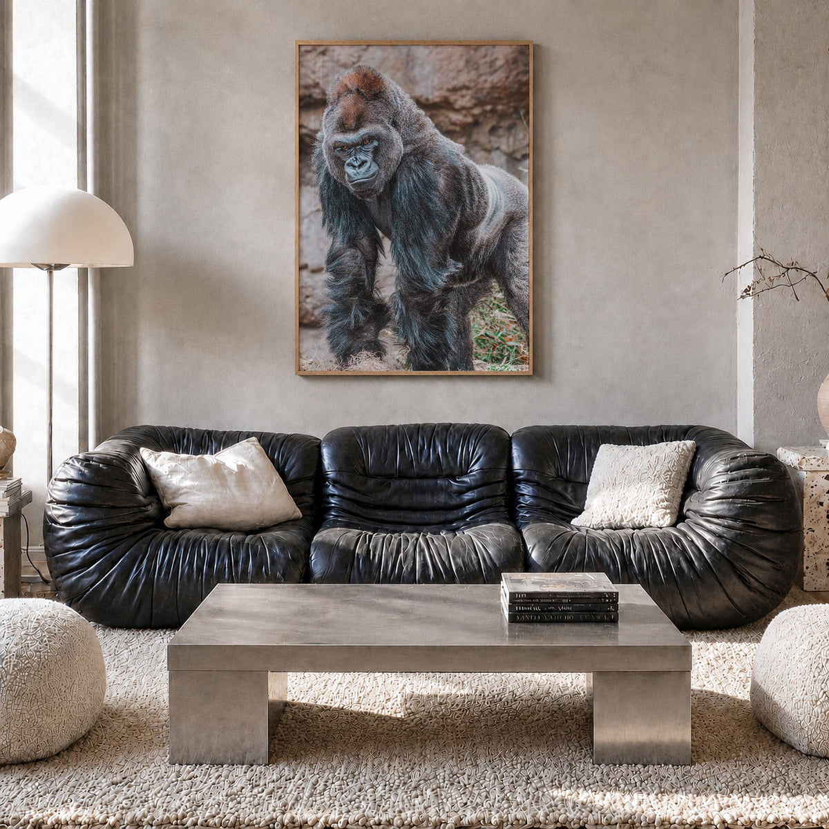Silverback Gorilla colorful photo poster – vertical wall art in natural wood frame, hanging on wall