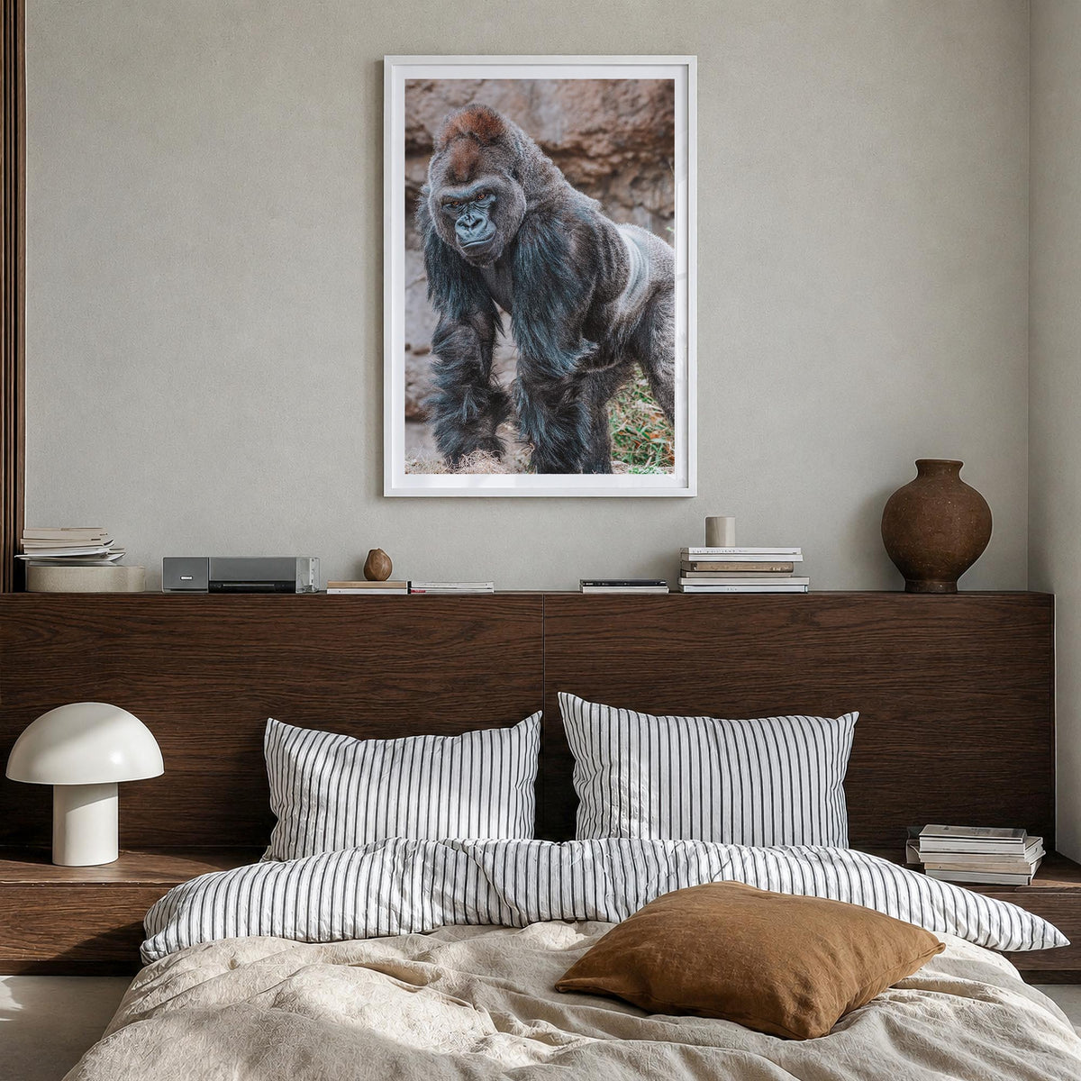 Silverback Gorilla colorful photo poster – vertical wall art in white wood frame with white border, hanging on wall