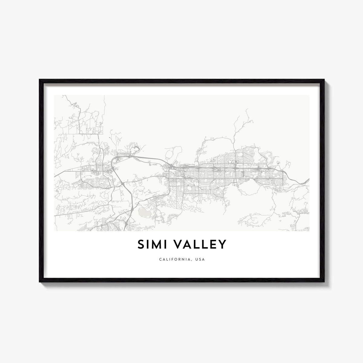 Simi Valley black & white map poster of California, USA – horizontal wall art, unframed print shown in interior mockup
