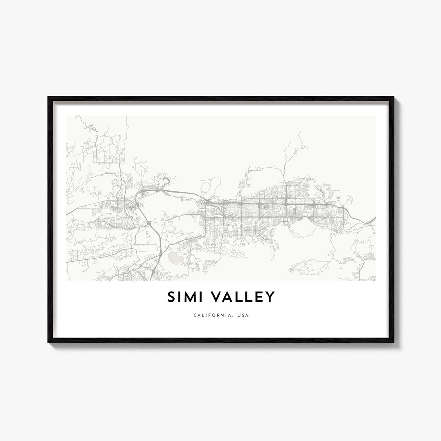 Simi Valley black & white map poster of California, USA – horizontal wall art, unframed print shown in interior mockup